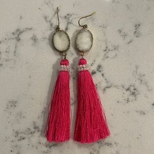White stone/ pink tassel earrings